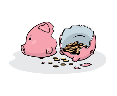 illustration of a smashed pink ceramic piggy bank with coins inside. Freehand drawing converted to graphics. Isolated on white.のイラスト素材