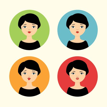 Set of avatars. Pretty girl with different facial expressions - smiling, crying, mocking and angry.のイラスト素材