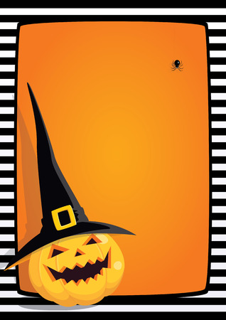Halloween orange background with black and white striped frame and cartoon illustration of a laughing pumpkin in a black witch hat. Vertical A4 format, free place for text.のイラスト素材