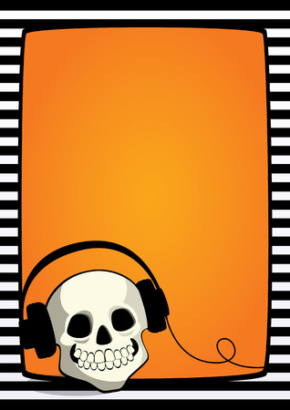 Vector Halloween orange background with black and white striped frame and cartoon illustration of a skull with headphones. Vertical A4 format, free place for text.のイラスト素材