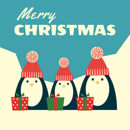 Vector retro styled illustration of three penguins in red knit hats with pompoms standing near gift boxes. Polar landscape on the background, text "Merry Christmas". Square format.のイラスト素材