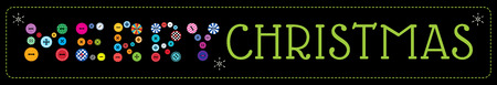 Vector illustration. Label with greeting "Merry Christmas" written with clothing buttons and green letters. Long horizontal format, black background.のイラスト素材