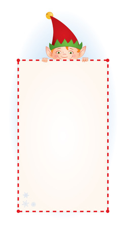 Vector cartoon illustration of a Christmas Elf  in a red cap hiding behind a blank long vertical sign. Place for text on a white background. Isolated on white.のイラスト素材