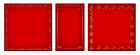 Set of three vector red backgrounds with golden decorative borders, two squares and one rectangle. Chinese style.のイラスト素材