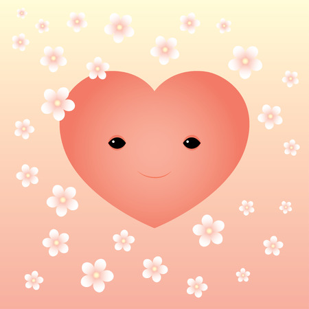 Vector illustration of a smiling heart and falling pink cherry flowers. Pastel colors. Square format.のイラスト素材