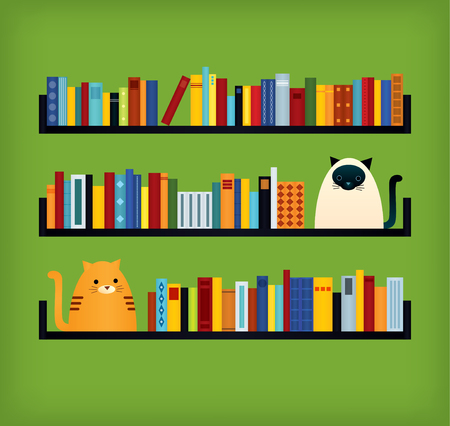 Vector colorful retro styled illustration. Three bookshelves. Ginger tabby and siamese cat sitting near the books. Green background. Square format.のイラスト素材