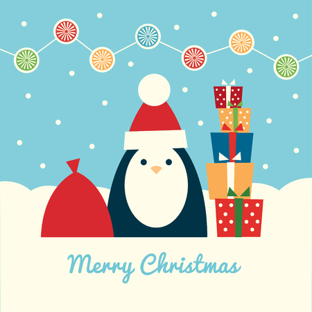 Retro styled greeting card. Text "Merry Christmas". Square format. Penguin in a Santa hat standing under falling snow with gifts, red sack. Cartoon colorful vector illustration. Light blue background.のイラスト素材