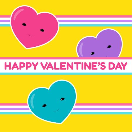Happy Valentine's Day banner. Vector illustration of three cute heart characters. Yellow background. Square format. Retro style, the eighties. Vibrant colors. Greeting text.のイラスト素材