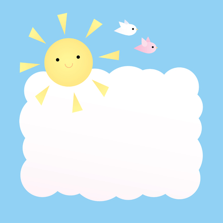 Vector square background with sky, the sun, two birds and a big cloud. Pastel colors.のイラスト素材