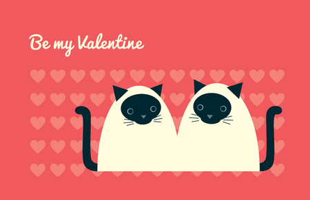 Greeting card design. Text Be my Valentine. Vector illustration of a cute cartoon couple of siamese cats sitting together. Heart pattern. Coral pink background. Horizontal format.のイラスト素材