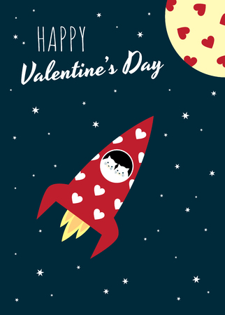 Greeting card "Happy Valentine's Day". Vector retro styled illustration. A couple of white cats flying in a red spaceship toward a planet. Long vertical format. Dark background with stars.のイラスト素材