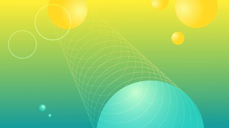 Vector abstract background. Science fiction style. Spheres and rings, yellow and blue tones. Long horizontal format. The shapes are whole under the clipping maskのイラスト素材