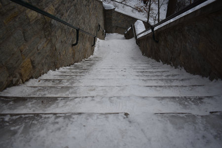 Looking Down Steep Icy Outdoor Staircase, Winter in Minnesota