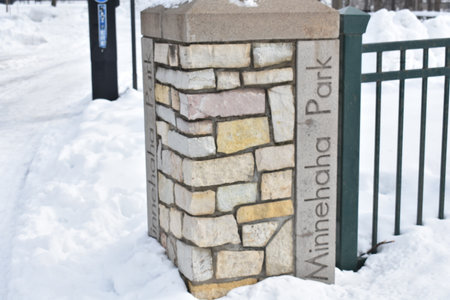 Minnehaha Park Stone Pillar in Parking Lot, Winter in Minnesota