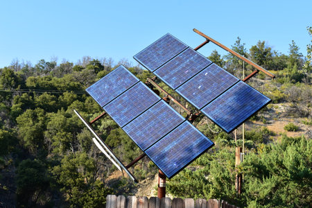 Solar Panels on Stand in Rural Area of Northern Californiaの写真素材