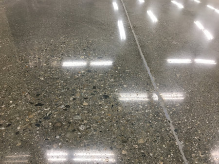 Grain Detail in Newly Polished Concrete Floor with Lights Reflecting
