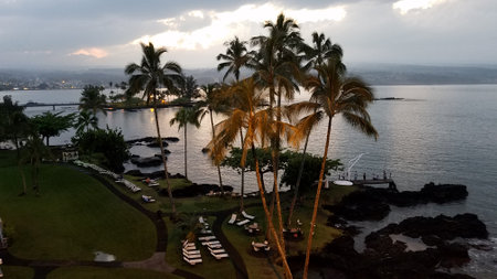 View from Resort Window at Sunrise Looking Out at the Ocean, Hilo, Hawaiiの写真素材