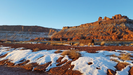 Morning Light on Snowy Rock Formations Near Moab, Utah