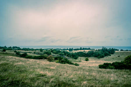 Green fields with cloudy weather and the oceanの写真素材