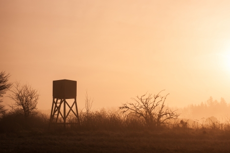 Hunters lookout tower in beautiful morning mist sceneryの写真素材