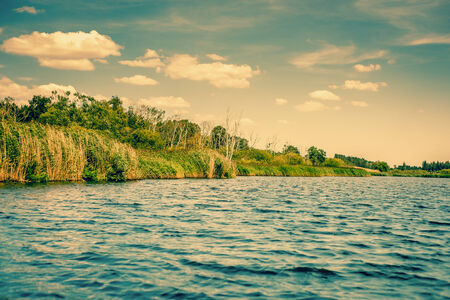 Green riverside with blue water and skyの写真素材
