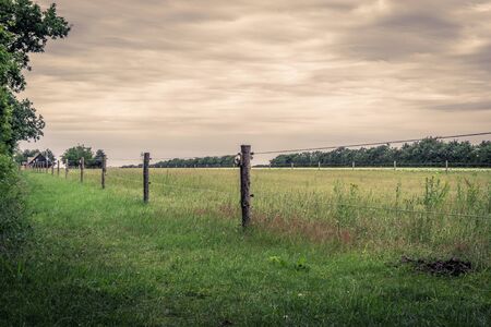 Wooden fence on a green field in cloudy weather