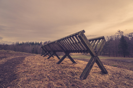 Feeding stand with hay on a field in Novemberの写真素材