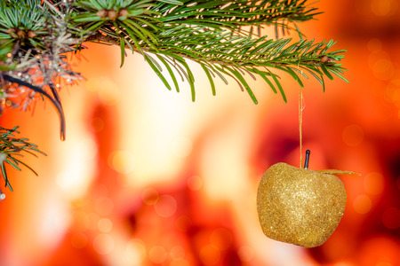 Christmas tree with a shiny apple hanging on a branchの写真素材