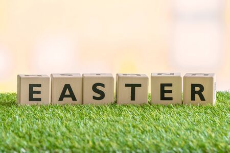 Wooden blocks with the word Easter on green grassの写真素材