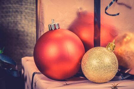 Christmas decoration with Xmas baubles in shiny colorsの写真素材