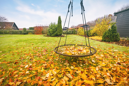 Swing covered with autumn leaves in golden colors in a garden on a sunny dayの写真素材