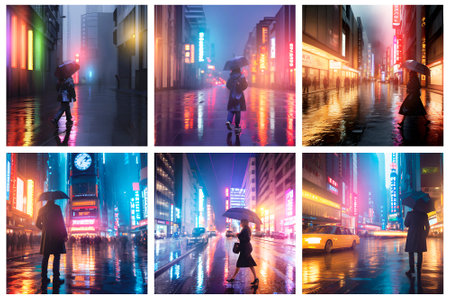 Rain in a big city at night with people walking around with umbrellas in a digital art collage