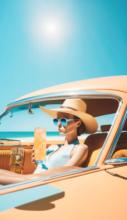 Summer holiday in warm sunshine and clear blue skies create a perfect backdrop for relaxation, escape, and adventure. Environment that offers refreshments and charter activities for those seeking exploration and fun. The tranquil vibes of the seascape create a sense of freedom, joy, and happiness, while an ice cream cone and sunscreen provide added refreshment and protection from the heat. Generative AI illustration.の素材