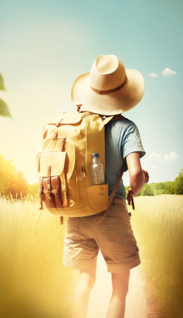 Child with unkempt hair and vibrant clothes is gleefully running and playing barefoot in a natural setting under the radiant sun. The child's energy is palpable as they revel in the freedom of the outdoors. The bright blue sky and ocean in the background serve as a stunning contrast to the child's colorful presence. The image exudes a carefree and joyful spirit, capturing a moment of pure childhood bliss. Generative AI illustration.の素材