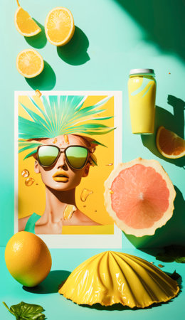 Summer holiday in warm sunshine and clear blue skies create a perfect backdrop for relaxation, escape, and adventure. Environment that offers refreshments and charter activities for those seeking exploration and fun. The tranquil vibes of the seascape create a sense of freedom, joy, and happiness, while an ice cream cone and sunscreen provide added refreshment and protection from the heat. Generative AI illustration.の素材