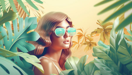 Perfect summer holiday on a tropical island, with bright blue skies, lush green palm trees, and white sandy beaches. The vibrant colors and warm sunshine evoke a sense of relaxation and adventure, making it an ideal destination for anyone seeking an escape from the daily grind. Generative AI illustration.の素材