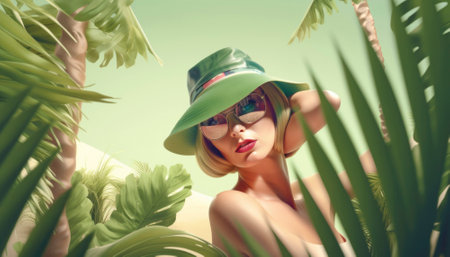 Perfect summer holiday on a tropical island, with bright blue skies, lush green palm trees, and white sandy beaches. The vibrant colors and warm sunshine evoke a sense of relaxation and adventure, making it an ideal destination for anyone seeking an escape from the daily grind. Generative AI illustration.の素材