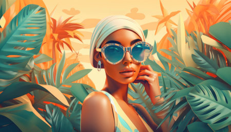Perfect summer holiday on a tropical island, with bright blue skies, lush green palm trees, and white sandy beaches. The vibrant colors and warm sunshine evoke a sense of relaxation and adventure, making it an ideal destination for anyone seeking an escape from the daily grind. Generative AI illustration.の素材