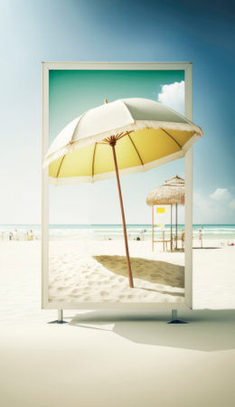 Summer holiday in warm sunshine and clear blue skies create a perfect backdrop for relaxation, escape, and adventure. Environment that offers refreshments and charter activities for those seeking exploration and fun. The tranquil vibes of the seascape create a sense of freedom, joy, and happiness, while an ice cream cone and sunscreen provide added refreshment and protection from the heat. Generative AI illustration.の素材