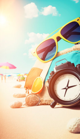 Essence of a perfect summer holiday, with a colorful and vibrant setting. The bright sunshine casts a warm glow over the scene, and the main subject can be seen enjoying themselves, engaging in various activities. The setting is idyllic, with classic summer environment. This picture is the epitome of a relaxing and fun-filled vacation, ideal for anyone looking to unwind and have a good time. AI generative illustrationの素材