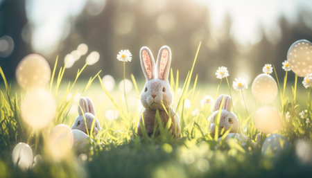 The photo features a vibrant and colorful Easter-themed image, with various symbols of the holiday. The bright and cheerful colors evoke a festive and joyous atmosphere, capturing the spirit of the springtime celebration. Overall, the photo exudes a sense of happiness and excitement that is synonymous with the Easter holiday.. AI generative illustrationの素材
