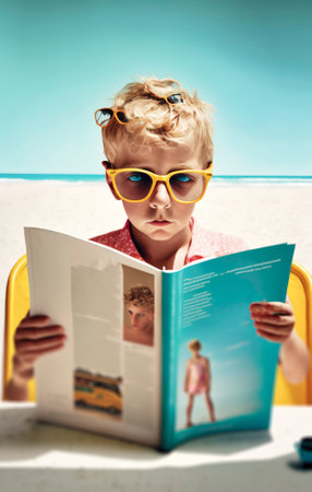 Summer holiday in warm sunshine and clear blue skies create a perfect backdrop for relaxation, escape, and adventure. Environment that offers refreshments and charter activities for those seeking exploration and fun. The tranquil vibes of the seascape create a sense of freedom, joy, and happiness, while an ice cream cone and sunscreen provide added refreshment and protection from the heat. Generative AI illustration.の素材