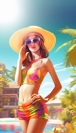 Perfect summer holiday on a tropical island, with bright blue skies, lush green palm trees, and white sandy beaches. The vibrant colors and warm sunshine evoke a sense of relaxation and adventure, making it an ideal destination for anyone seeking an escape from the daily grind. Generative AI illustration.の素材