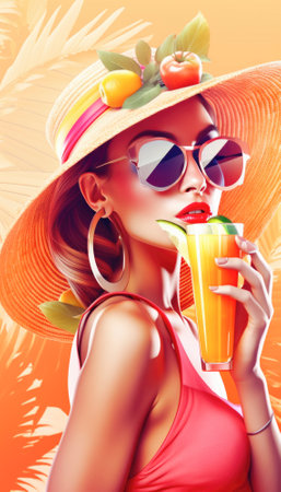 Perfect summer holiday on a tropical island, with bright blue skies, lush green palm trees, and white sandy beaches. The vibrant colors and warm sunshine evoke a sense of relaxation and adventure, making it an ideal destination for anyone seeking an escape from the daily grind. Generative AI illustration.の素材