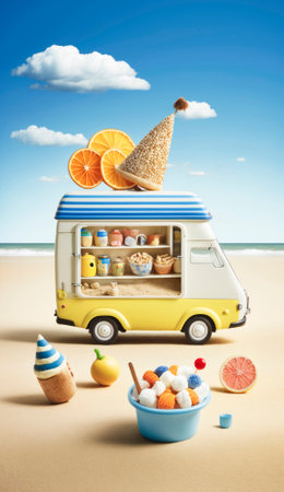 Ice cream cone standing tall, with creamy scoops of various flavors generously piled on top. It stands against a stunning backdrop of a bright blue sky and lush greenery on a sunny summer day. The smooth, creamy textures of the ice cream appear to glisten in the sunlight, tempting anyone to take a bite. The vibrant colors of the ice cream and the natural scenery create a perfect summertime vibe. Generative AI illustration.の素材
