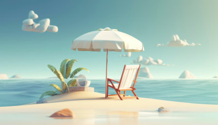 Perfect summer holiday on a tropical island, with bright blue skies, lush green palm trees, and white sandy beaches. The vibrant colors and warm sunshine evoke a sense of relaxation and adventure, making it an ideal destination for anyone seeking an escape from the daily grind. Generative AI illustration.の素材