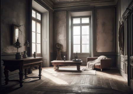 Inviting interior of a beautiful and stylish apartment, featuring soft furnishings, warm lighting, and tasteful decor. The space exudes comfort and coziness, inviting inhabitants to relax and unwind in its inviting atmosphere.. AI generative illustrationの素材
