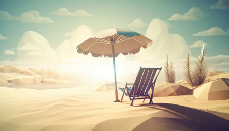 Perfect summer holiday on a tropical island, with bright blue skies, lush green palm trees, and white sandy beaches. The vibrant colors and warm sunshine evoke a sense of relaxation and adventure, making it an ideal destination for anyone seeking an escape from the daily grind. Generative AI illustration.の素材