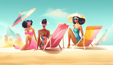 Perfect summer holiday on a tropical island, with bright blue skies, lush green palm trees, and white sandy beaches. The vibrant colors and warm sunshine evoke a sense of relaxation and adventure, making it an ideal destination for anyone seeking an escape from the daily grind. Generative AI illustration.の素材