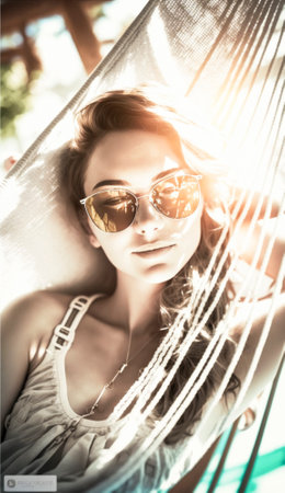 Woman is enjoying a sunny summer holiday. In a picturesque location in the summer sun The woman is dressed in a colorful outfit that complements her sun-kissed skin, and her radiant smile exudes happiness and relaxation. The perfect picture of a carefree vacation. AI generative illustrationの素材